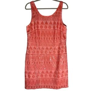 Oleg Cassini Vintage Pink Cocktail Dress Sz 12 Pink Geometric Sequins Party Mini